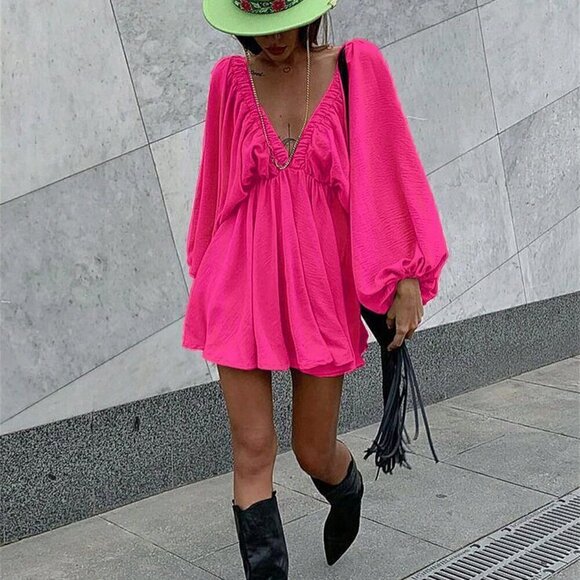 Dresses & Skirts - Rose Red Sexy Women's Solid Colored Deep V-Neck Lantern Sleeve Backless Dress